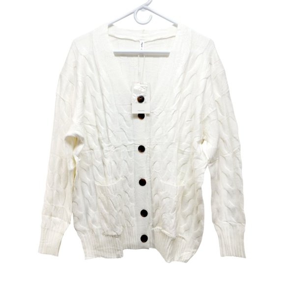 Cable Knit Button-Up Cardigan Sweater Pockets Womens Size 16W Neyook Soft White - Picture 2 of 13